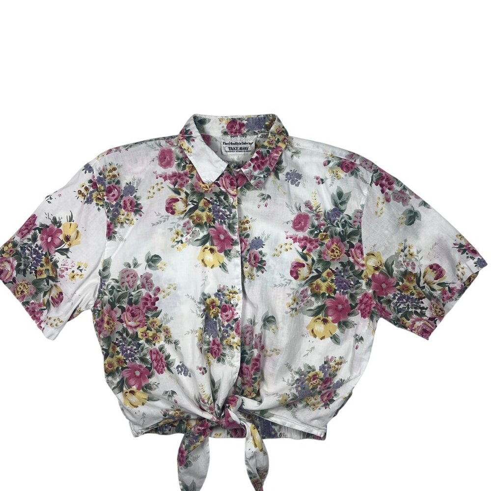 Vintage Floral Tie Front Crop Button Up Shirt Women's Medium